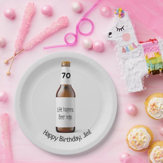 Bruin bierflesje voor 70e verjaardag papieren bordje (Feest)