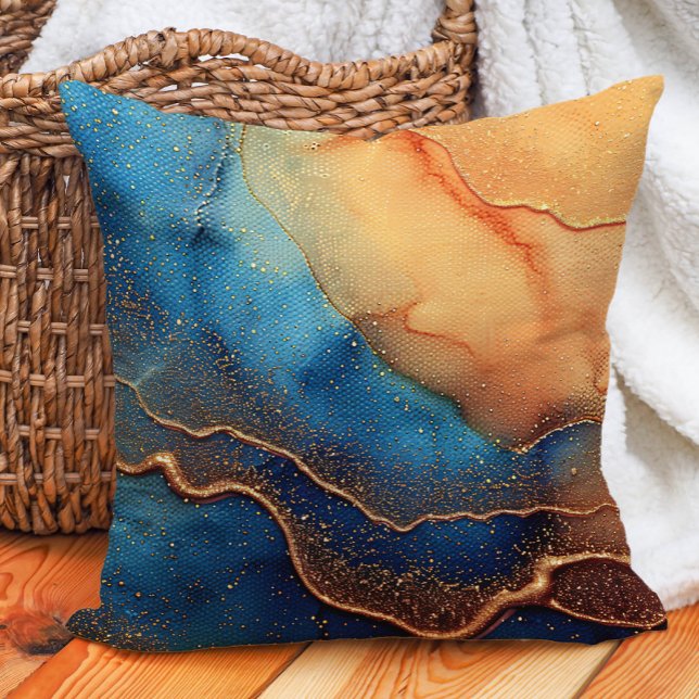 Bruin Blauw Abstract Alcoholinkt Artistiek Kussen (Teal/blue and orange marbled abstract decorator pillow)