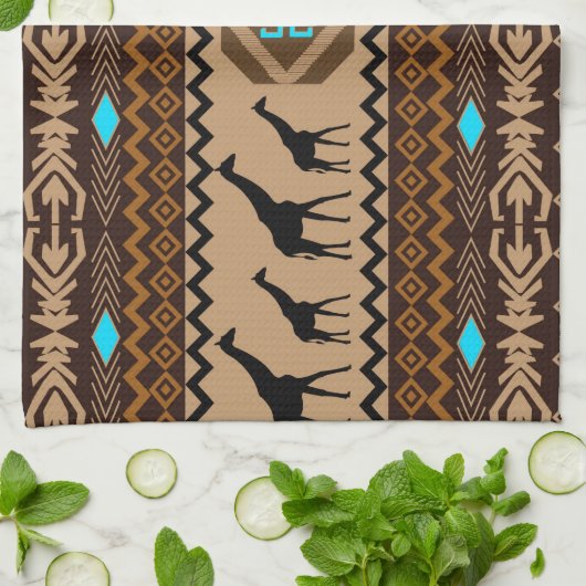 Bruin Blauw & Beige Afrikaans Patroon & Giraffe Theedoek (Gevouwen)
