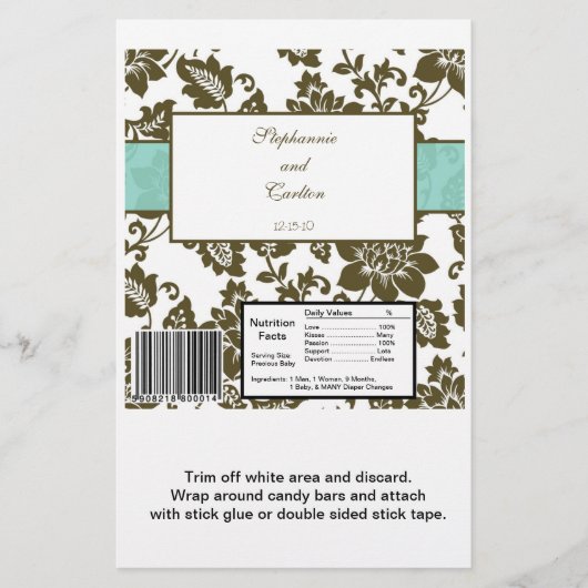 Bruin/Blauw Bloemen Damask Bruiloft Snoep Wrapper Flyer (Voorkant)