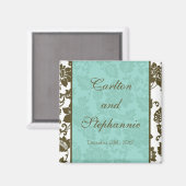 Bruin/Blauw Bloemen Damast Bruiloft Magneet (Voorkant / Achterkant)