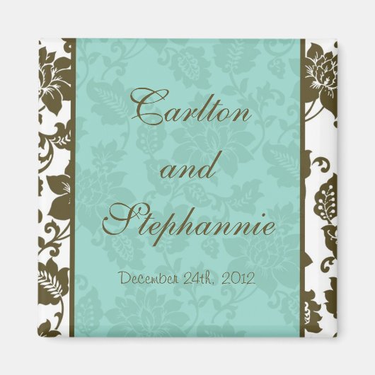 Bruin/Blauw Bloemen Damast Bruiloft Magneet (Voorkant)