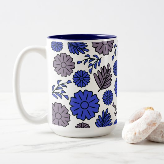 Bruin & Blauw Bloemen Tweekleurige Koffiemok (Met donut)