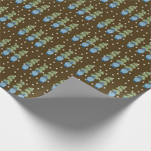 Bruin Blauw Chinoiserie Sinaasappel Topiary Cadeaupapier (Hoek)