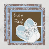 Bruin Blauw Damask Schoenen Baby Boy Shower Kaart (Voorkant / Achterkant)