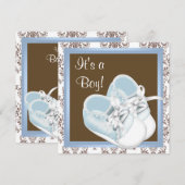 Bruin Blauw Damask Schoenen Baby Boy Shower Kaart (Voorkant / Achterkant)