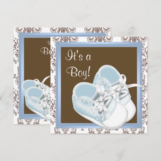 Bruin Blauw Damask Schoenen Baby Boy Shower Kaart (Voorkant / Achterkant)