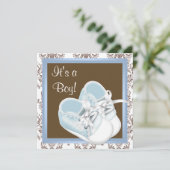 Bruin Blauw Damask Schoenen Baby Boy Shower Kaart (Staand voorkant)