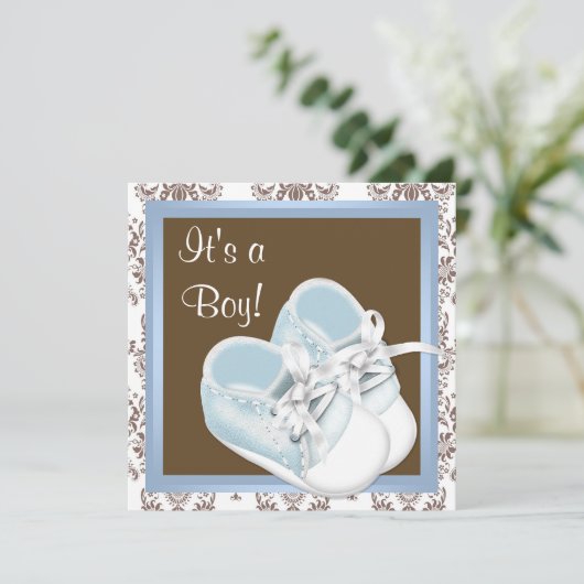 Bruin Blauw Damask Schoenen Baby Boy Shower Kaart (Staand voorkant)