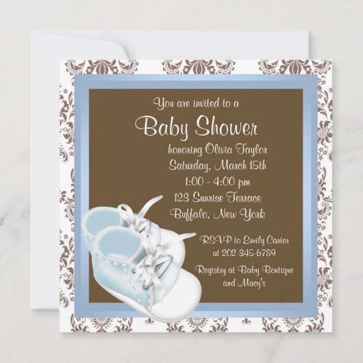Bruin Blauw Damask Schoenen Baby Boy Shower Kaart (Achterkant)