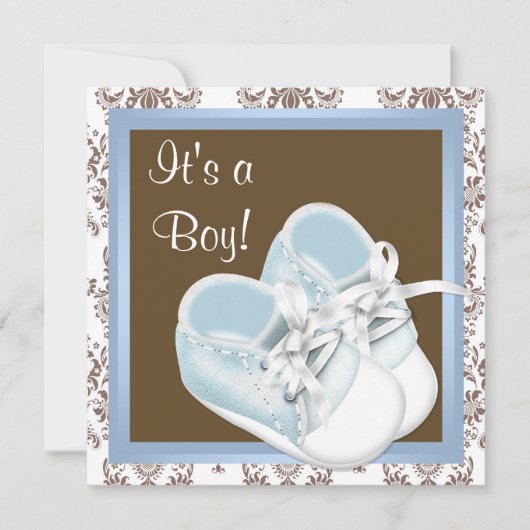 Bruin Blauw Damask Schoenen Baby Boy Shower Kaart (Voorkant)