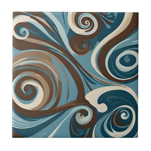 Bruin, Blauw en Crème Abstract Tegeltje (Voorkant)