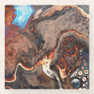 Bruin, blauw en Oranje moderne kunst Glazen Onderzetter