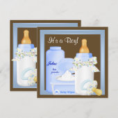 Bruin Blauw Fles Fopspeen Baby Boy Douche Kaart (Voorkant / Achterkant)