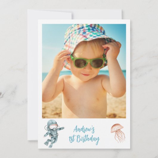 Bruin Blauw Foto Oneder het Zee 1e Verjaardag Kaart (Achterkant)