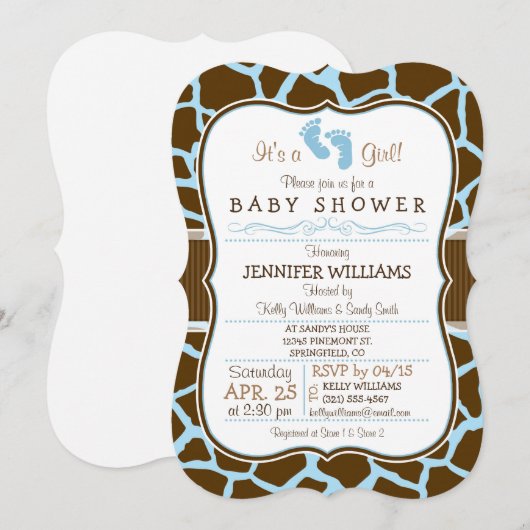 Bruin, Blauw Giraffe Dierenprint Baby shower Kaart (Voorkant / Achterkant)