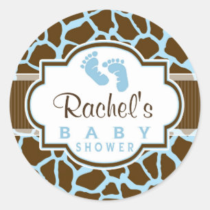 Bruin, Blauw Giraffe Dierenprint Baby shower Ronde Sticker