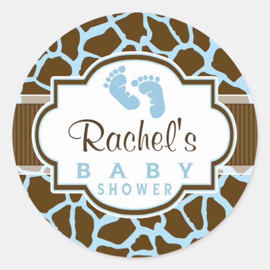Bruin, Blauw Giraffe Dierenprint Baby shower Ronde Sticker (Voorkant)