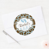 Bruin, Blauw Giraffe Dierenprint Baby shower Ronde Sticker (Envelop)