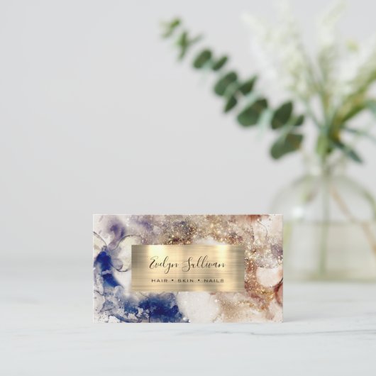 Bruin Blauw Glitter Waterverf Gold Foil Visitekaartje (Staand voorkant)