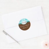 Bruin blauw huwelijk Monogram Damask Seal Ronde Sticker (Envelop)
