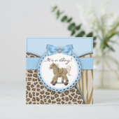Bruin Blauw Rocking Horse Baby Boy Shower Kaart (Staand voorkant)