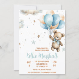 Bruin & Blauw Teddybeer met Ballonnen Baby shower Kaart