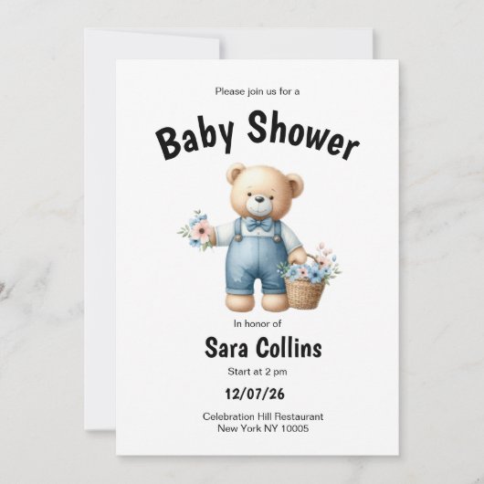 Bruin blauw teddybeer roze bloemen Baby shower Kaart (Voorkant)