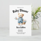 Bruin blauw teddybeer roze bloemen Baby shower Kaart (Staand voorkant)
