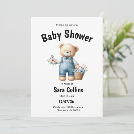 Bruin blauw teddybeer roze bloemen Baby shower Kaart (Staand voorkant)