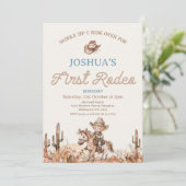 Bruin Blauwe Cowbot Eerste Rodeo 1e Verjaardag Kaart (Staand voorkant)