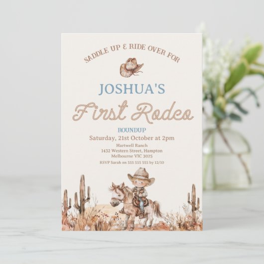 Bruin Blauwe Cowbot Eerste Rodeo 1e Verjaardag Kaart (Staand voorkant)