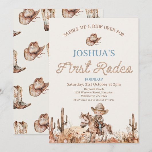 Bruin Blauwe Cowbot Eerste Rodeo 1e Verjaardag Kaart (Voorkant / Achterkant)