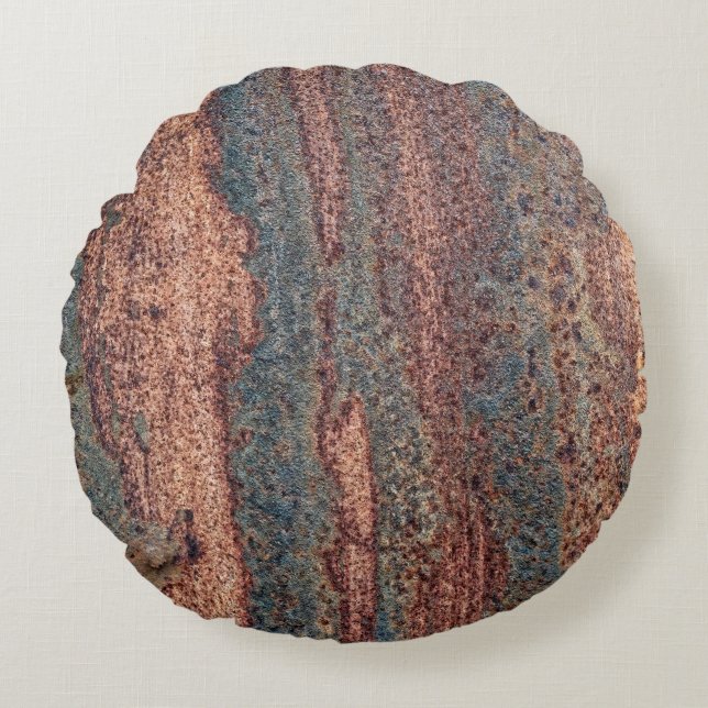 Bruin & Blauwe Geroeste Metaal Patroon Rond Kussen (Voorkant)