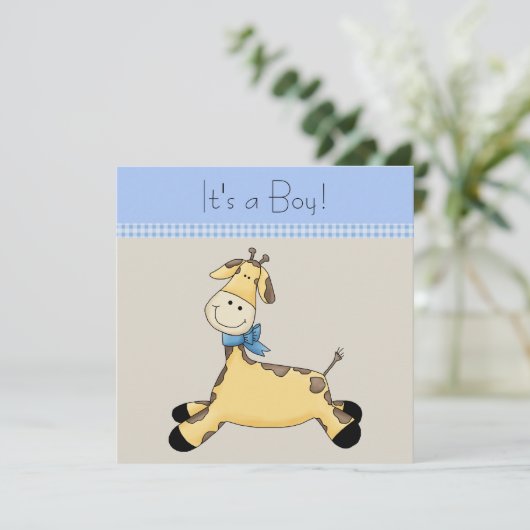 Bruin Blauwe Giraffe Baby Boy Shower Kaart (Staand voorkant)