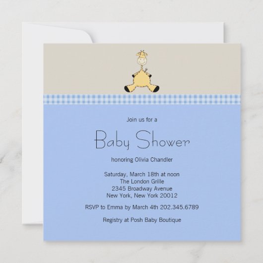 Bruin Blauwe Giraffe Baby Boy Shower Kaart (Achterkant)