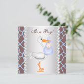 Bruin Blauwe Giraffe Stork Baby Boy Shower Kaart (Staand voorkant)