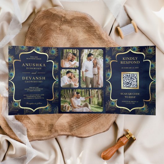 Bruin Blauwe Pauwveren QR Code Trouwen Drieluik Uitnodiging