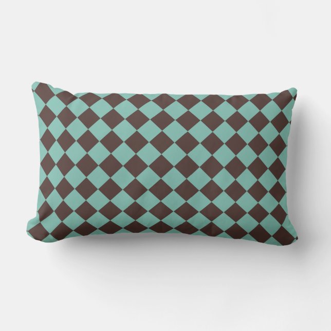 Bruin Blauwgroen Checker Diamantpatroon Kussen (Voorkant)