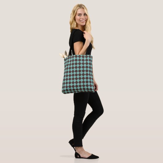 Bruin Blauwgroen Checker Diamantschouderpatroon Tote Bag (Op model)