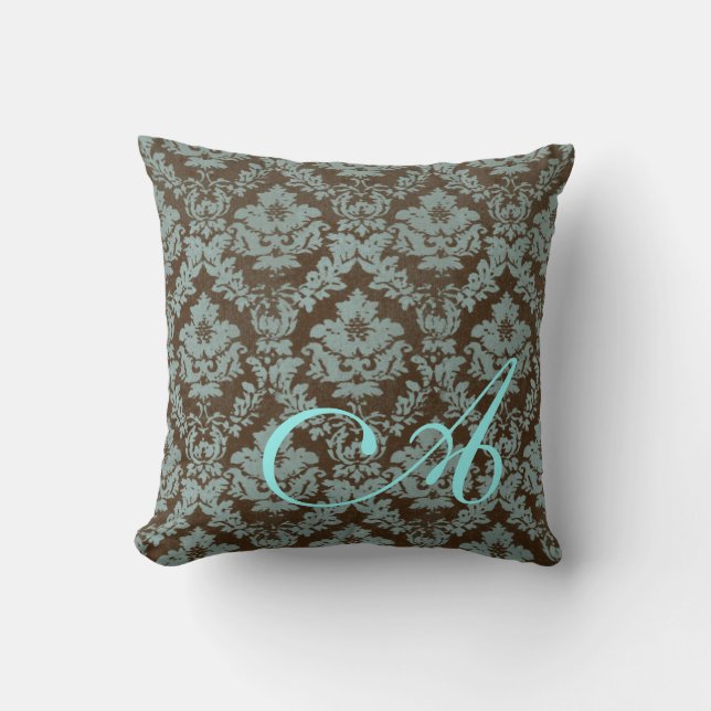 Bruin / Blauwgroen Distressed Damask Gepersonalise Kussen (Voorkant)