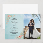 Bruin Bloem Groen Bruiloft Uitnodigingen met foto (Voorkant / Achterkant)