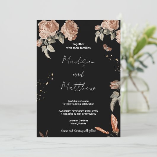 Bruin Bloem Zwart Bruiloft Uitnodigingen (Staand voorkant)