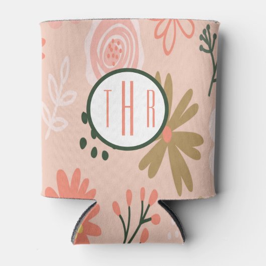 Bruin Bloemen Monogram Schuim Blikjeskoeler (Voorkant)