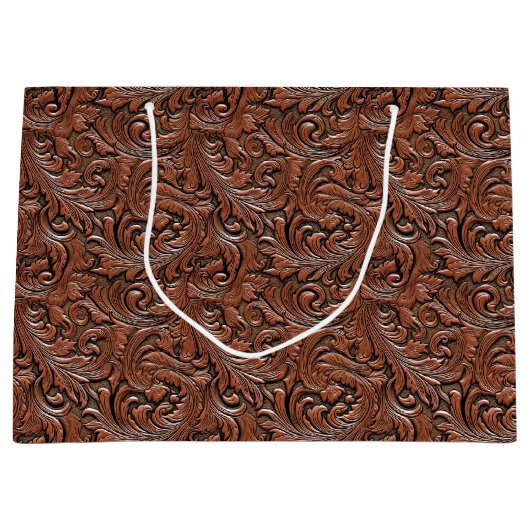 Bruin bloemig bewerkt reliëfleer western groot cadeauzakje (Voorkant)