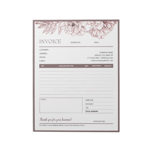  bruin bloemig Lijst Zakelijk Factuurformulier Notitieblok (Linkerzijde)