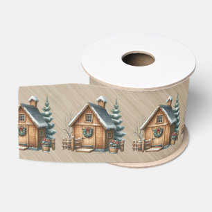 Bruin Blokhut Kerst Scene Grosgrain Lint