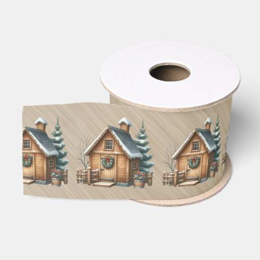Bruin Blokhut Kerst Scene Grosgrain Lint (Spoel)