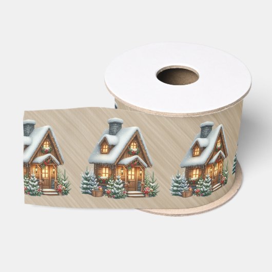 Bruin Blokhut Kerst Scene Grosgrain Lint (Spoel)