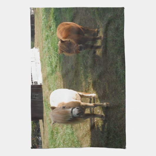 Bruin blond, twee miniatuurpaarden, "Little Pony" Theedoek (Verticaal)